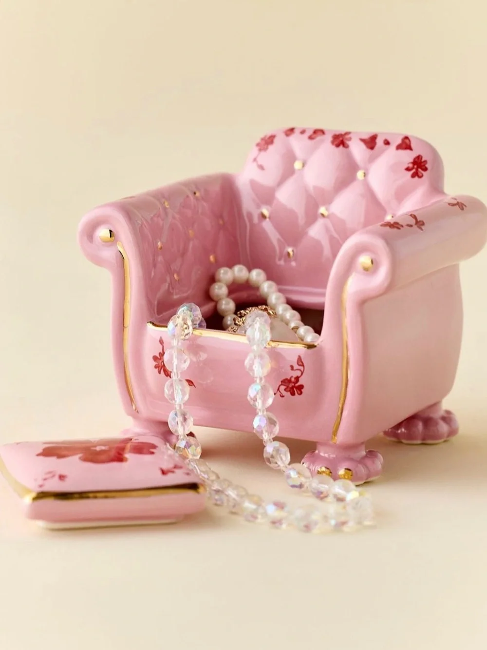 Amelie Pink Porcelain Trinket Box with Gold Accents NEW NWT